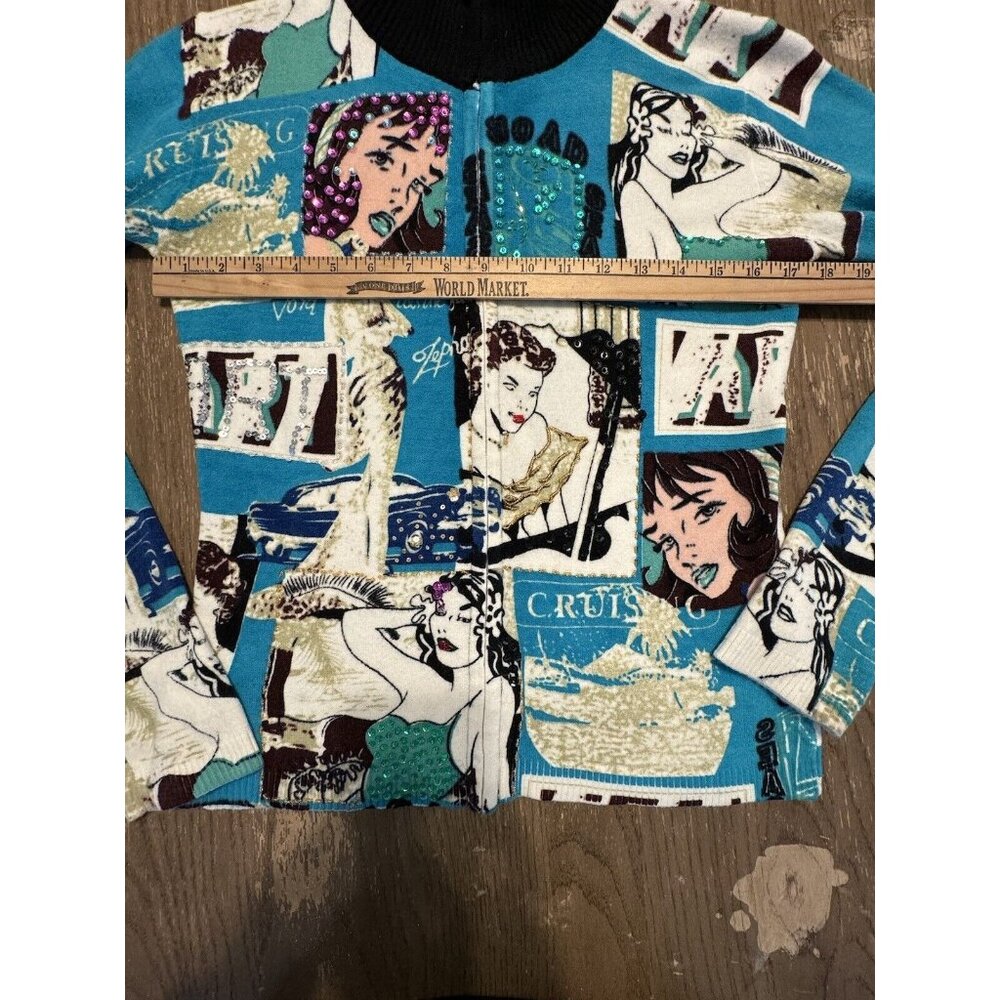 vtg noun Paris full zip cardigan Sweater Jacket Sequin Pin Up Girl Aqua Retro To - Picture 6 of 14